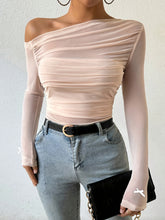 Semi-Sheer Stretchy Polyester Blend Off-Shoulder Ruched Long Sleeve Top with Bow Detail - Elegant for Women - Perfect for Fall/Winter voguable