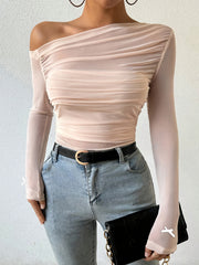 Semi-Sheer Stretchy Polyester Blend Off-Shoulder Ruched Long Sleeve Top with Bow Detail - Elegant for Women - Perfect for Fall/Winter voguable