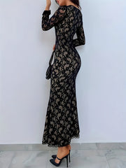 Elegant Long Sleeve Floral Lace Bodycon Dress - Square Neck, Women's Clothing for Club & Party voguable