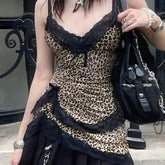 Y2K Leopard Print Cami Top with Lace Trim and Bow Detail, V-Neck, Polyester Blend - Stylish Women's Fashion Tank voguable