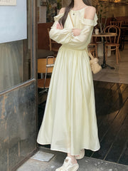 New Style High-end Long-Sleeved Dress with Exposed Shoulders and Waist for Women, Slimming A-line Dress voguable