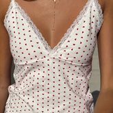 Women'S Y2K Aesthetic V-Neck Camisole with Contrast Lace Detail, Geometric Heart Pattern, Summer Knit Fabric Slingback Top, 95% Polyester 5% Elastane, 180g/m² Lightweight Fabric voguable