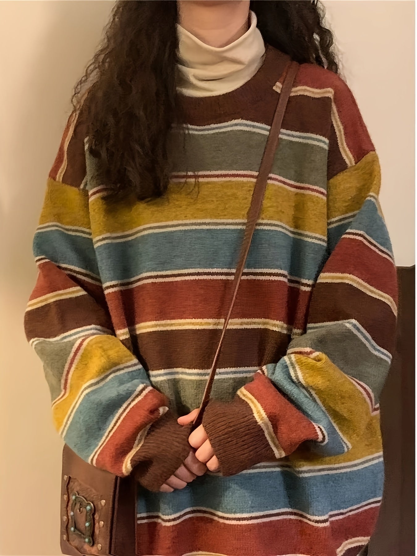 Colorful Striped Retro Sweater - Women's Autumn/Winter Lazy Round Neck Knitted Loose Soft Top Trend voguable