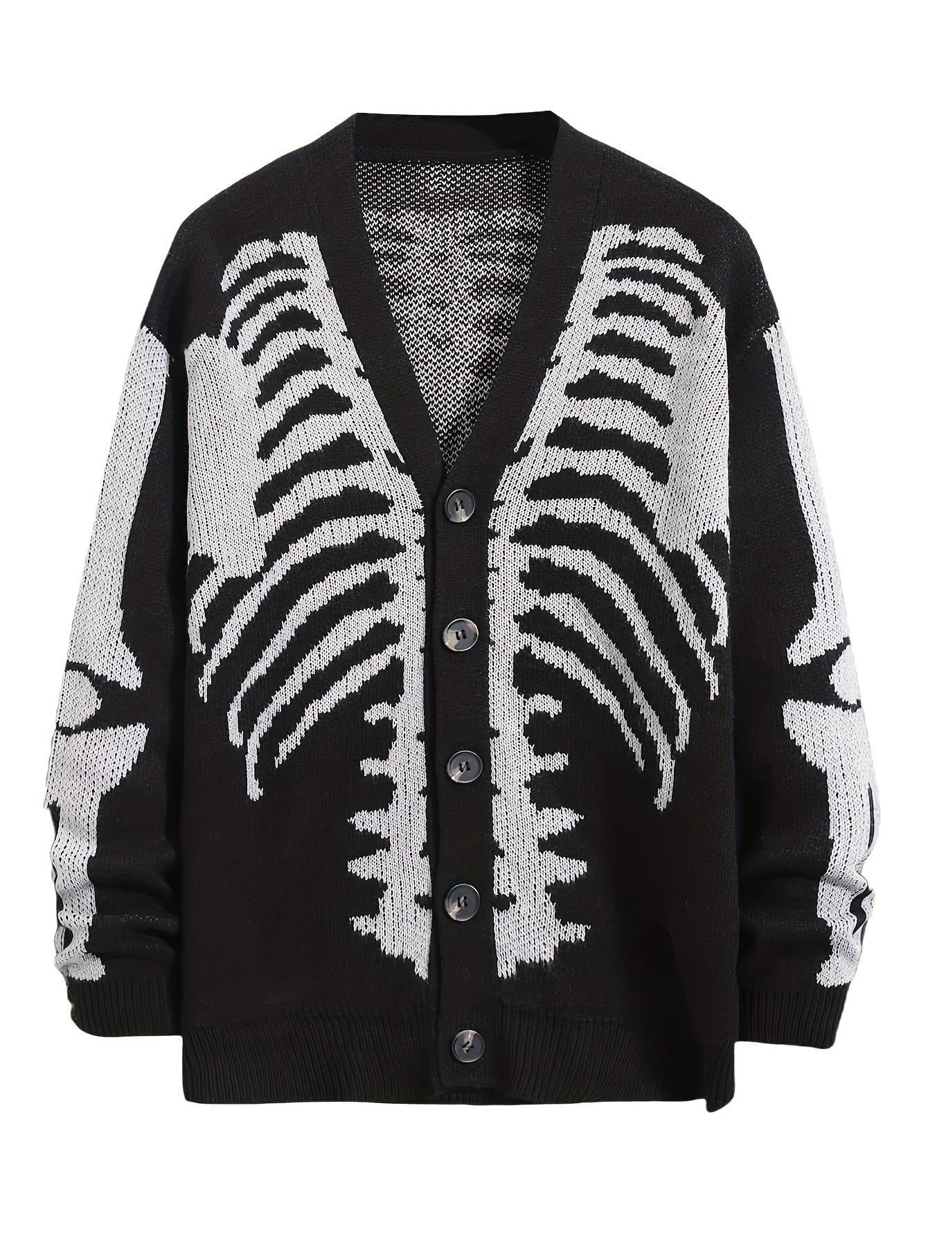 Plus Size Skeleton Print Long Sleeve V Neck Cardigan Sweaters - Men's Button Down Outwear Coats gotmes-shop