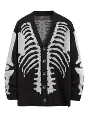 Plus Size Skeleton Print Long Sleeve V Neck Cardigan Sweaters - Men's Button Down Outwear Coats gotmes-shop
