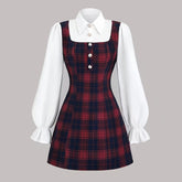 Elegant Women's Plaid Midi Dress with White Lantern Sleeves - Polyester & Spandex Blend, Machine Washable, Perfect for Spring/Summer/Fall Events voguable