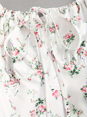 Elegant White Floral Print Midi Dress with Puff Sleeves & Tie-Back Detail - Square Neck, Non-Sheer Polyester for Women - Perfect for Spring, Summer & All Seasons, Formal Wear | Puff Sleeves Dress | Polyester Fabric voguable