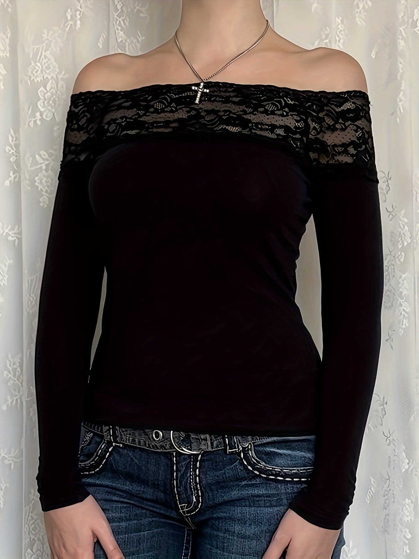 Y2K Elegant Lace Stitching One-Shoulder Fit Long Sleeve Top for Targeted voguable