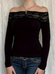 Y2K Elegant Lace Stitching One-Shoulder Fit Long Sleeve Top for Targeted voguable