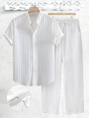 2pcs Men's Solid Color Textured Short Sleeve Shirt + Pants Set, Casual Co-ord Set for Summer voguable