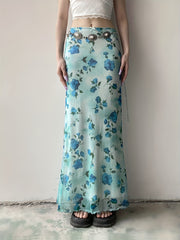 Vintage Floral Print Mesh Long Skirt with Bow - Retro Y2K Aesthetic - Women's Fashion - Polyester Blend - Knit Fabric - Seasonal All Year Round - Exclusive Collection voguable