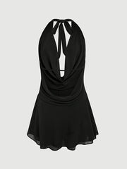 Elegant Women's Solid Color Black Halter Mini Dress - Sexy Backless Design with Tie Detail, Lightweight Polyester, Perfect for Spring/Summer Casual Wear, Plus Size Elegant Dress voguable