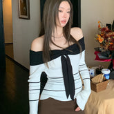 1pc Women'S Chic Striped Knit Top, Off-Shoulder Pullover Sweater, Polyester Knit Fabric, Solid Color with Striped Pattern, Lightweight 150g/m², Autumn/Winter Fashion voguable