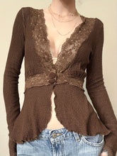 Women's Vintage French-Inspired Lace Crochet V-Neck Cardigan, Brown Ribbed Knit with Floral Lace Detail, Long Sleeves - Perfect for Spring/Fall Fashion voguable