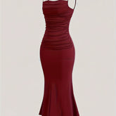 Stretchy Ruched Spaghetti Dress for Women - Elegant Solid Color Suspender, Machine Washable Polyester Blend voguable