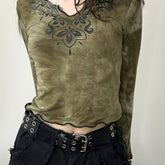 Tie Dye Flare Sleeve T-shirt, Y2K Notched Neck Lettuce Trim Long Sleeve Top For Spring & Fall, Women's Clothing voguable