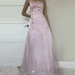 Pink Prom Dress Organza Strapless Flower Customized Graduation Dress Special Occasions Dress Women Elegant Party Gown voguable