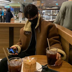 Korean Leather Coat Men's Warm Fashion Casual Thicken Lamb Wool Jacket Men Loose Thick Lamb Wool Cotton Coats Men's Clothe M-2XL