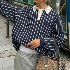 Preppy Style Loose Sweatshirt Y2k Streetwear Patchwork Full Sleeve Turn-down Neck Hoodies Women Casual Vintage Pullovers voguable