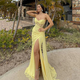 Yellow Corset Mermaid Prom Dress Strapless High Slit Sexy Evening Gown Ruched Bodycon Formal Party Dress Customized voguable