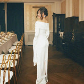 Customized Off Shoulder Long Sleeve Mermaid Wedding Dresses Engagement Dress Draped Sleeve Elegant Slit Bridal Dress voguable