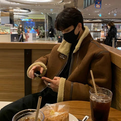 Korean Leather Coat Men's Warm Fashion Casual Thicken Lamb Wool Jacket Men Loose Thick Lamb Wool Cotton Coats Men's Clothe M-2XL