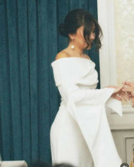 Customized Off Shoulder Long Sleeve Mermaid Wedding Dresses Engagement Dress Draped Sleeve Elegant Slit Bridal Dress voguable