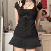 Elegant Lady Square Collar T-shirt Kawaii Bow Short Sleeve Pullovers Tees Y2K Vintage Fairy Grunge Women Crop Top Retro Clothes voguable