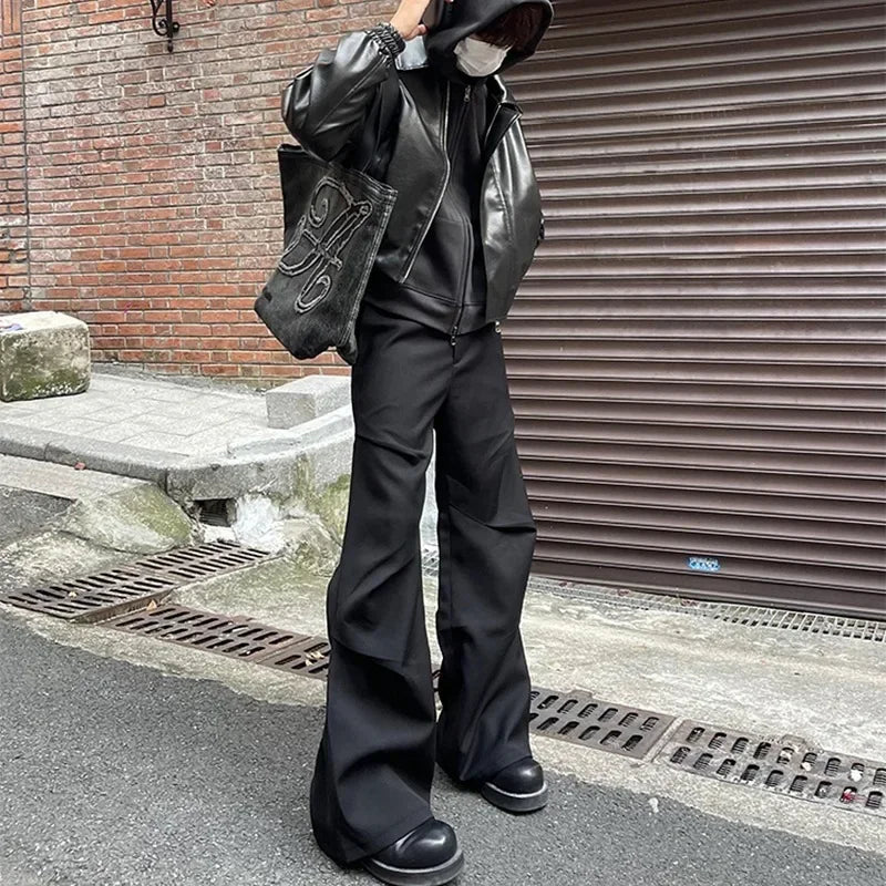 American Style Elastic Waist Loose-fit Casual Trousers 280gm Sensibility Ruffled Wide-leg Pants Men's Tuxedo Pants voguable