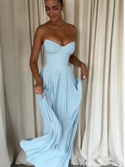 Fashion Strapless Women Pleated Hem A-line Dress Sexy Backless Sleeveless High Waist Maxi Dress Female Chic Party Evening Robes