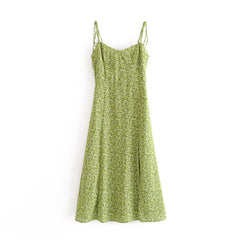 Voguable Women Green Floral Print Sling Dress Sundress Female V Neck Sleeveless Hem Slits A-line Chiffon Dress voguable