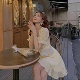 Voguable Korean Fashion Flower Mini Dresses Women Puffer Sleeve Elegant Party Dress Female Summer Lace Up Sweet Casual Dress voguable