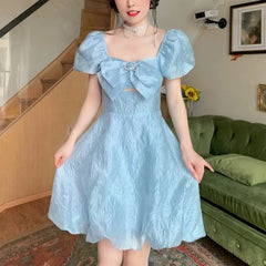 Voguable Blue Elegant Fairy Dress Women Summer 2021 Korean Puff Sleeve Party Princess Sweet Dress Female Kawaii High Waist Casual Dress voguable