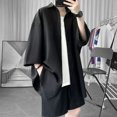 Korean Oversize Shirt Men's Fashion Summer Black White Short-sleeved Shirt Men Streetwear Loose Society Mens Dress Shirt M-2XL voguable