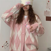Voguable Cardigan Women Knitted Sweater Argyle Loose Sweater Single Breasted Student Lovely Knitwear Korean Oversize Cardigan Winter Tops voguable