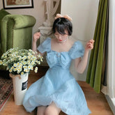Voguable Blue Elegant Fairy Dress Women Summer 2021 Korean Puff Sleeve Party Princess Sweet Dress Female Kawaii High Waist Casual Dress voguable
