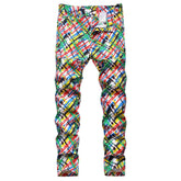 Voguable Men's Y2K Colored Printed Jeans Fashion Stretch Denim Pencil Pants Stripe Plaid Painted Slim Fit Trousers voguable