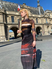 2 Piece Mesh Long Sleeve Punk Dress Women Turtleneck Long Midi Bodycon Ladies Dress Runway Fashion Designer Clothes voguable