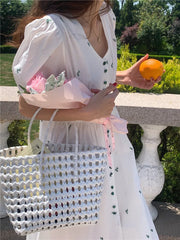 Women Dress Korean Fashion Elegant V-neck Button Embroidered Flowers Collect Waist Bubble Sleeves Long Vestidos voguable