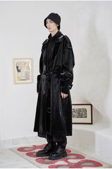 Mauroicardi Brand Long Oversized Luxury Reflective Shiny Patent Leather Trench Coat Men Fashion Belt Waterproof Rain Coat voguable