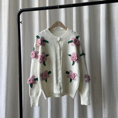 Woman Sweater 2021 Autumn and Winter New Retro Knit Sweater Female Rose Flower Embroidery Contrast Loose Sweater Coat Cardigan voguable