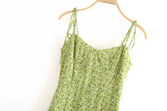 Voguable Women Green Floral Print Sling Dress Sundress Female V Neck Sleeveless Hem Slits A-line Chiffon Dress voguable