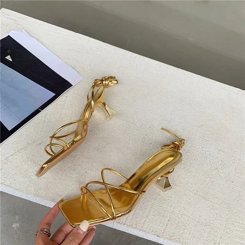 Voguable Fashion Gold Silver Sandals Thin Low Heel Lace Up Rome Summer Gladiator Women Casual Narrow Band Shoes voguable