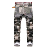 Voguable Men's Patch Patchwork Printed Jeans Fashion Slim Straight Stretch Denim Pants Plaid Digital Painted Trousers voguable