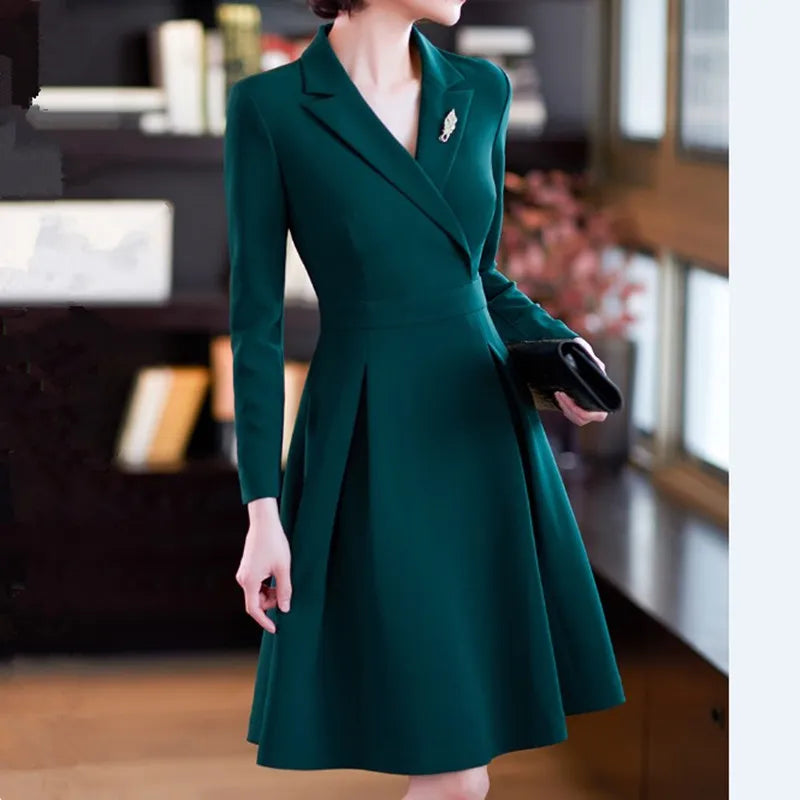 Spring Autumn Women Elegant Blazer Dress Long Sleeve V Neck Slim A Line Midi Dresses Office Ladies Work Formal Clothes Oversized voguable
