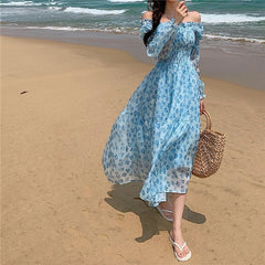 Voguable Design Floral Dress Women Summer Puffer Sleeve Beach One Piece Dress Korean Elegant Vintage Dress Female Chic Square Collar voguable