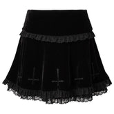 Punk Gothic Skirt 2000s Women Black Dark Academia Cross Print High Waist Pleated A-line Skirt y2k Vintage Lace Skirts voguable