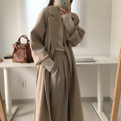 Voguable Autumn Winter Thicken Loose Wool & Blend Coats Women Elegant Lapel Full Sleeve Lace-up Oversized Female Outwear voguable