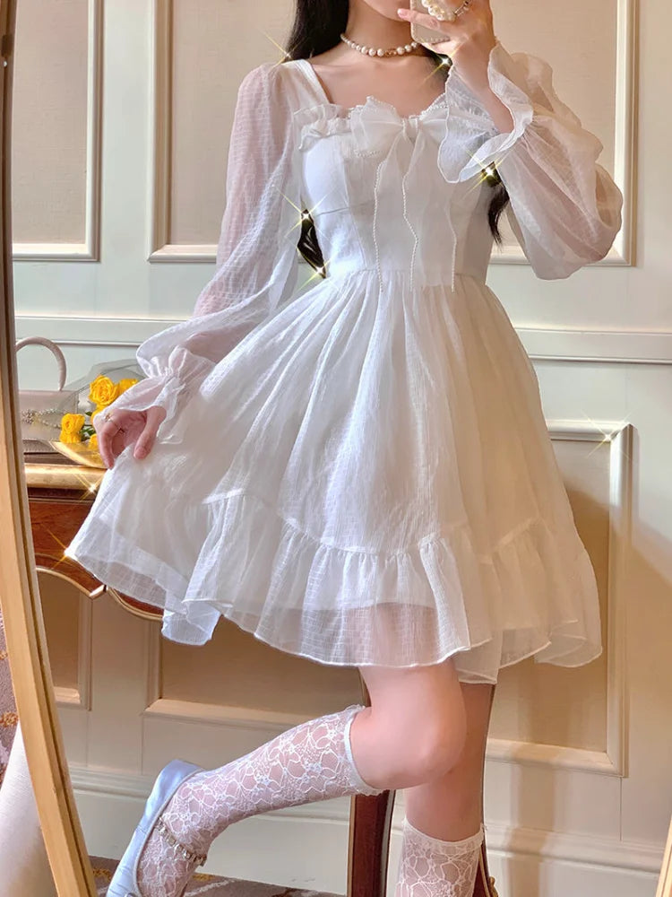 Voguable French Sweet Fairy Lolita Dress Women Long Sleeve Lace Y2K Mini Dress Vintage Kawaii Clothes One Piece Dress Autumn voguable