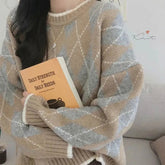 Voguable Women Knitted Sweater Fashion Oversized Pullovers Winter Argyle Loose Sweater Korean College Style Women Jumper Sueter Mujer voguable